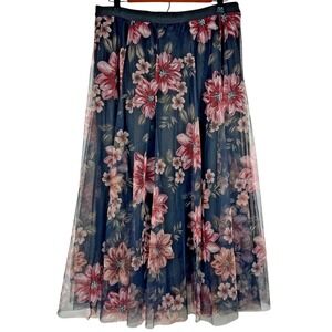 Dark Floral Mesh‎ Tulle Midi Skirt XL Black Pink Fairygoth Whimsigoth Lined